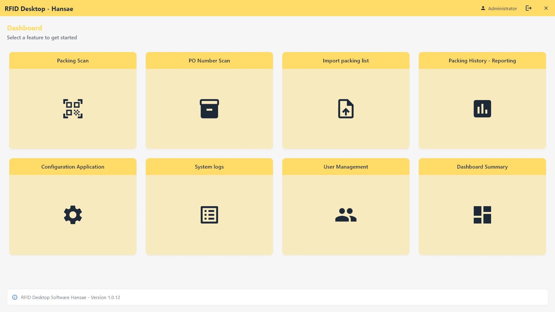 Main dashboard showing real-time warehouse packing operations overview with RFID scanning statistics and system status